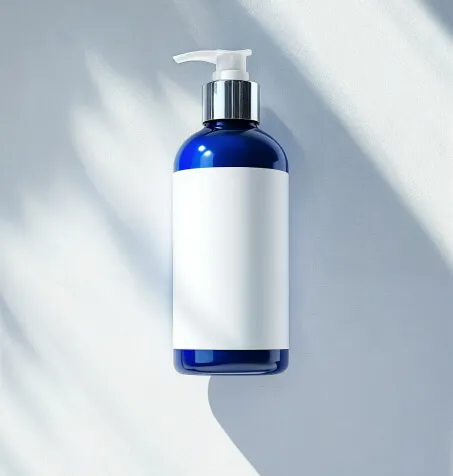 Blue plastic pump bottle with a blank white label on a light background with shadow.